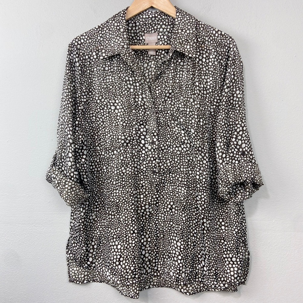 Chico's Blouse Womens Size L Brown White Abstract Polka Dot Roll Tab Popover Top